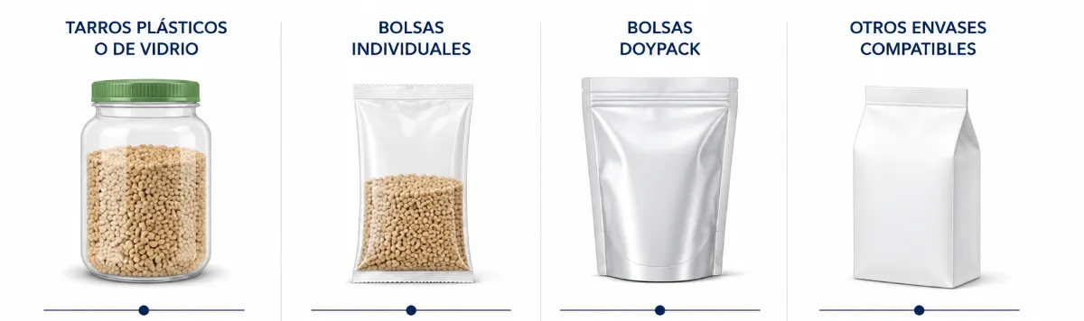 Formatos de empaque compatibles con Dosificadores por peso y de copas volumétricas para granos y granulados | Ficha técnica COMAQ