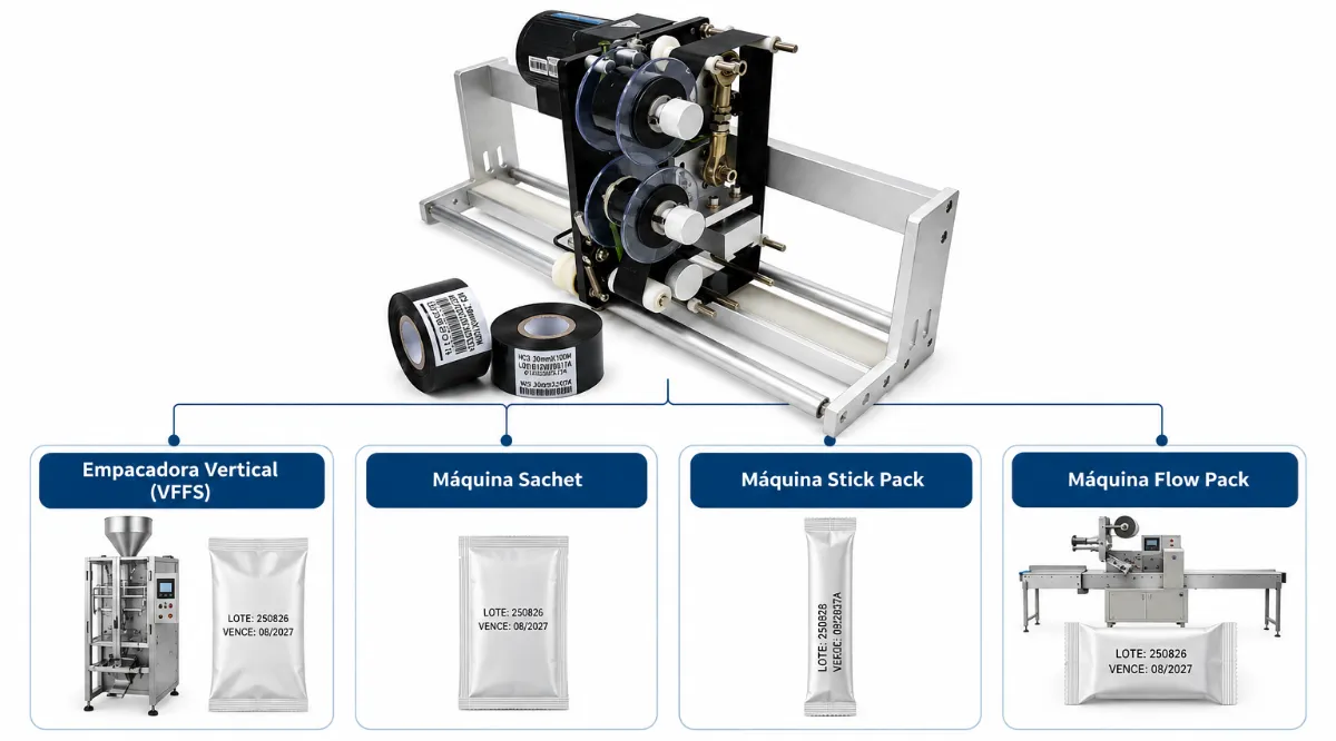 Formatos de empaque compatibles con Fechador semiautomático Hot Stamping para montaje | Ficha técnica COMAQ