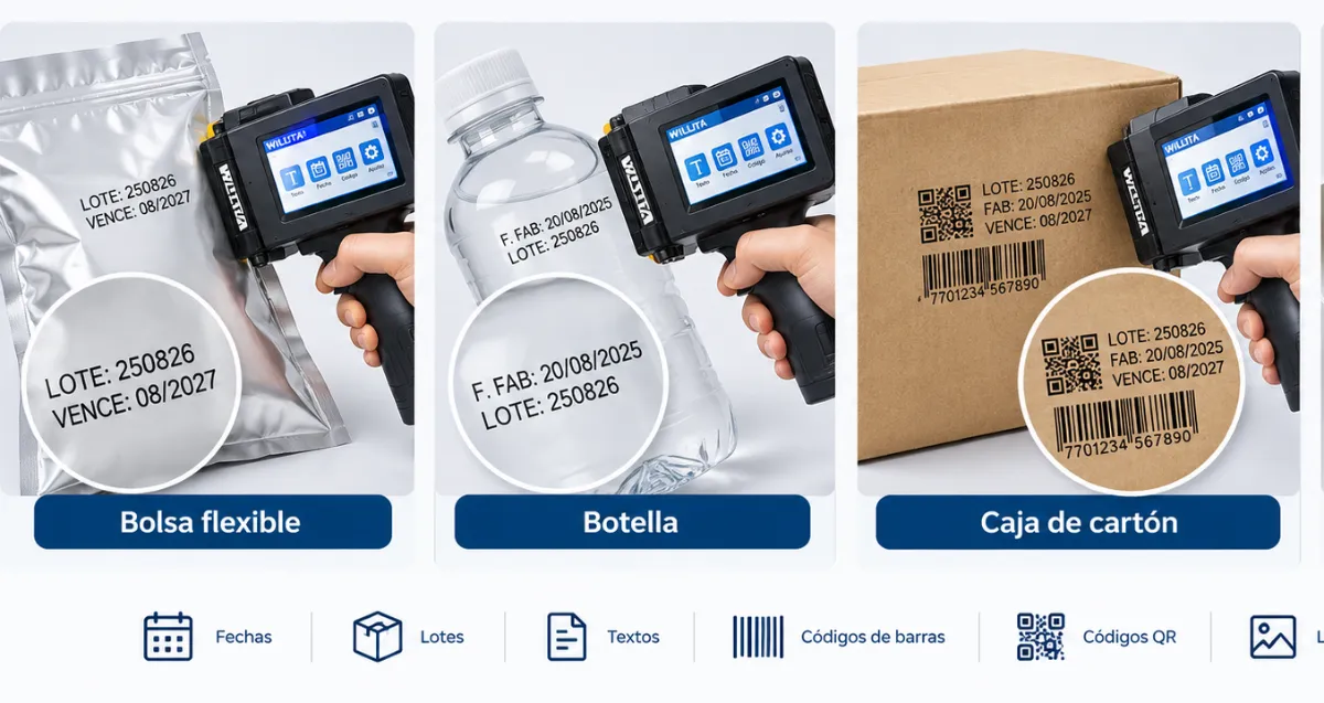 Formatos de empaque compatibles con Fechador manual portátil Inkjet | Ficha técnica COMAQ