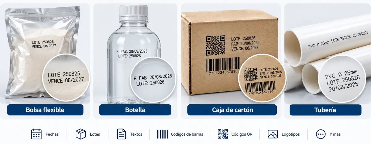 Formatos de empaque compatibles con Fechador automático por inyección de tinta TIJ | Ficha técnica COMAQ
