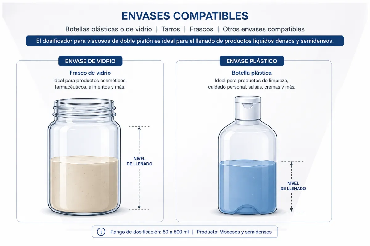 Formatos de empaque compatibles con Dosificador semiautomático de doble pistón para productos viscosos | Ficha técnica COMAQ