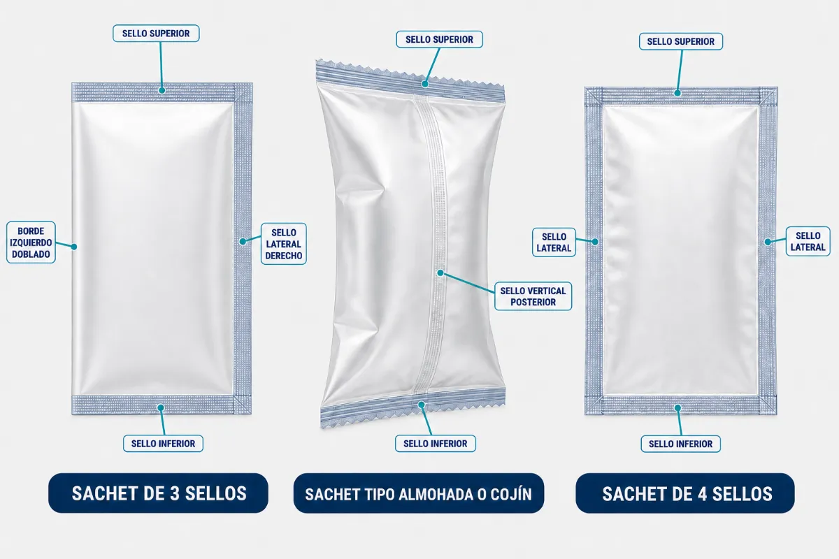 Formatos de empaque compatibles con Máquina empacadora automática vertical sachet | Ficha técnica COMAQ