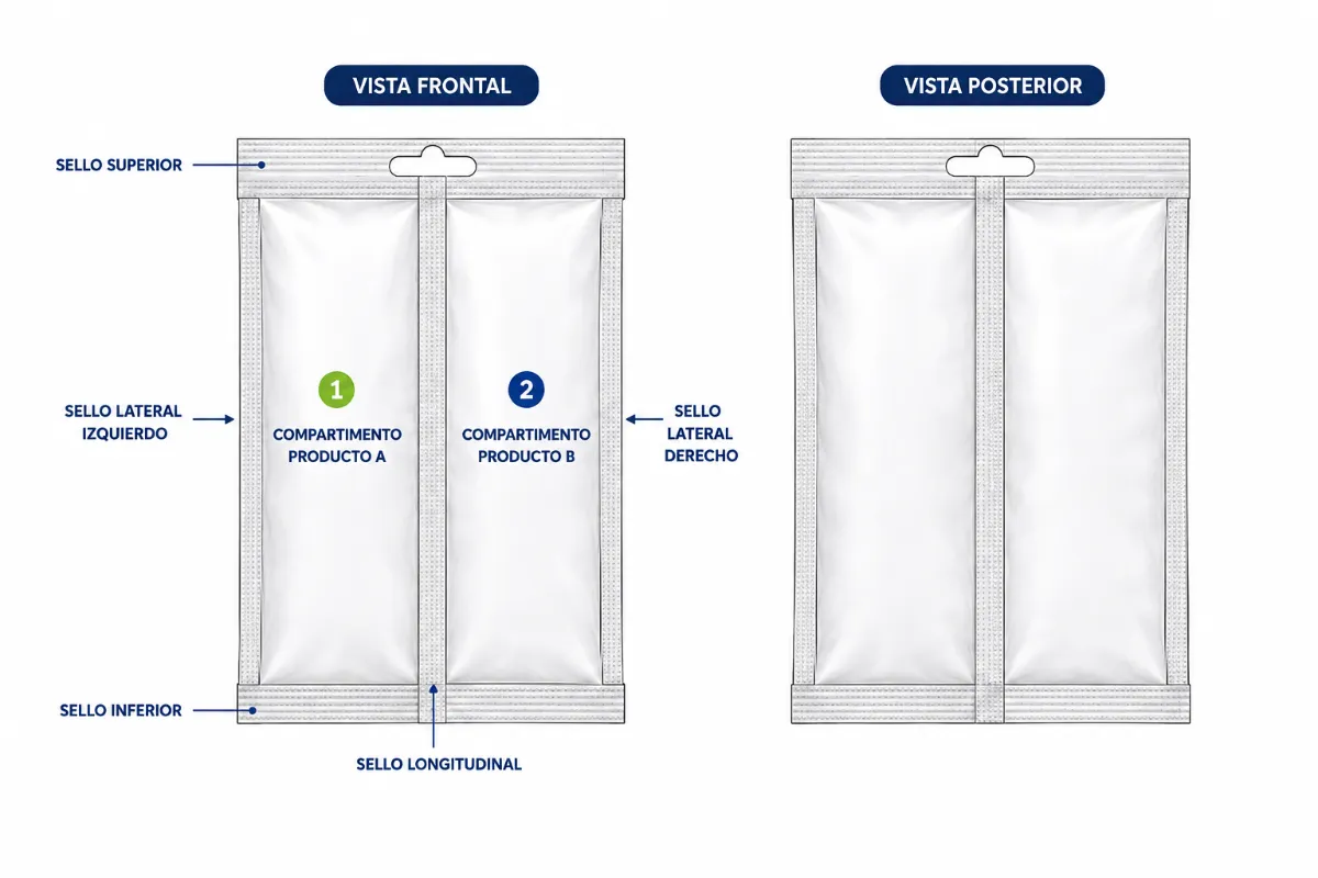 Formatos de empaque compatibles con Sachet vertical dúplex para productos líquidos corrosivos | Ficha técnica COMAQ